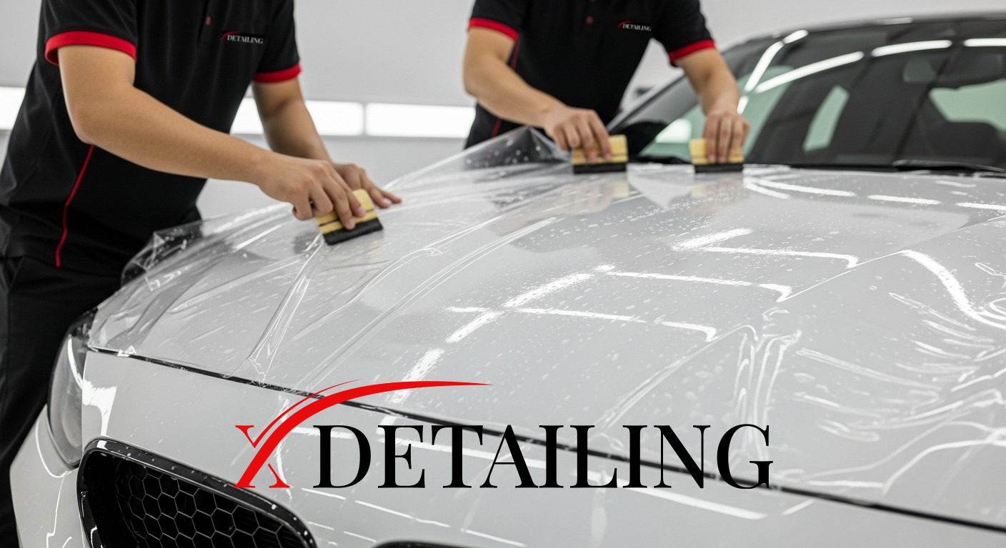 X Detailing PPF Technicians installing PPF on a vehicle front end
